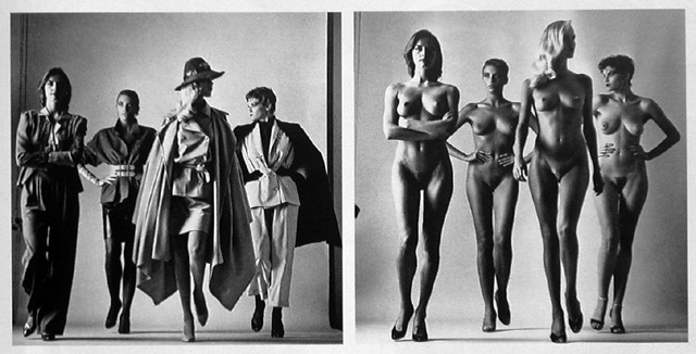 HELMUT NEWTON (1920-2004)<br />
Sie Kommen, Paris (Naked and Dressed), Vogue Studios, 1981<br />
4 panel gelatin silver print, flush-mounted<br />
each signed, titled, dated, numbered "ea II/III", annotated "from the Venice Biennal Plazo Grassi, 1995" in ink on label affixed (on the reverse of the flush-mount); one with Biennal label affixed (on the frame backing)<br />
each 193 x 98.5cm. (2)
<b>$662,500</b>