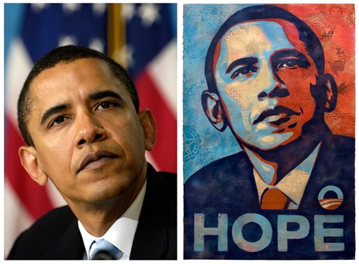 Слева: AP Photo/Manny Garcia, справа: плакат Шэпарда Фейри "HOPE"